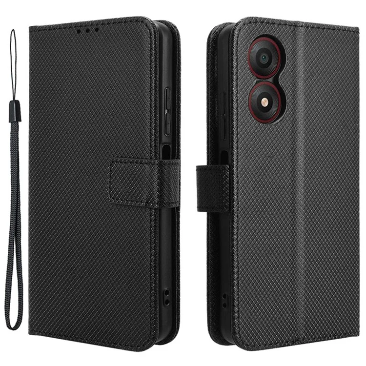 For ZTE Blade A34 Leather Case Wallet Phone Cover Diamond Texture - Black