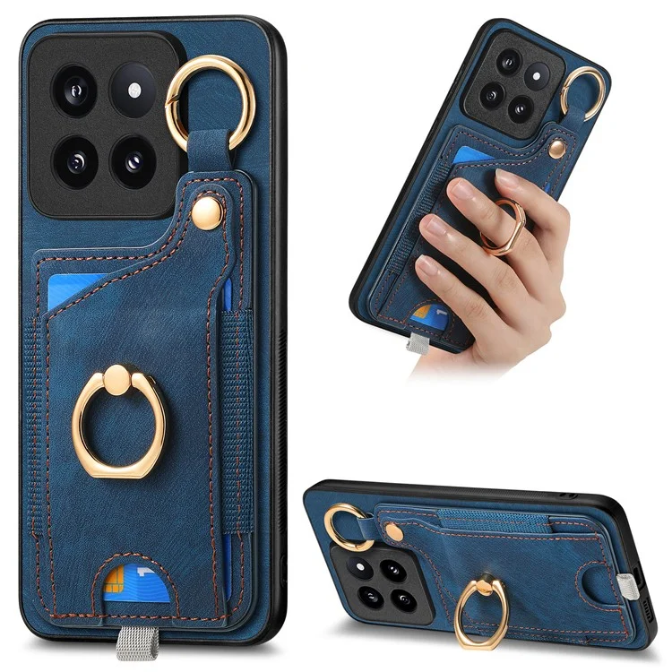 Para Xiaomi 14 Pro Case Capa de Telefone Resistente a Choques Retro de Couro com Slot para Cartão - Azul