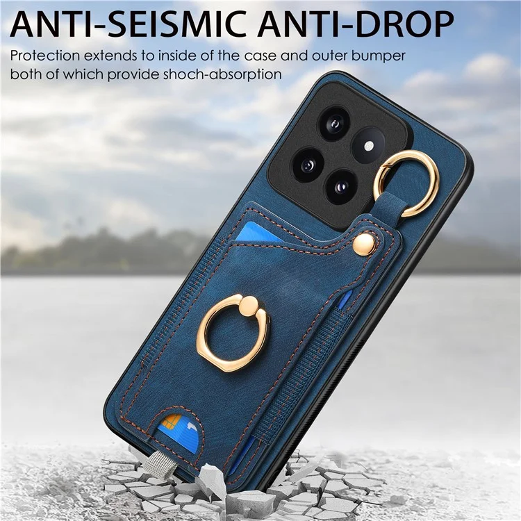 Para Xiaomi 14 Pro Case Capa de Telefone Resistente a Choques Retro de Couro com Slot para Cartão - Azul