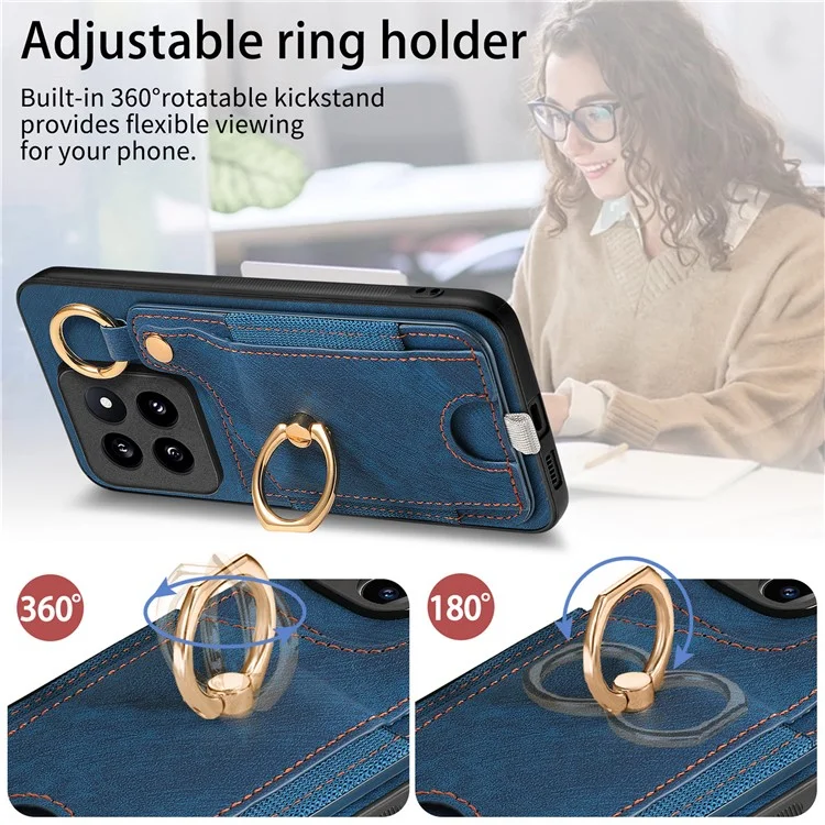 Para Xiaomi 14 Pro Case Capa de Telefone Resistente a Choques Retro de Couro com Slot para Cartão - Azul