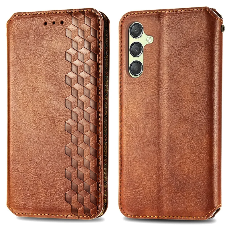 For Samsung Galaxy A25 5G (Global) (161.0 x 76.5 x 8.3mm) PU Leather Case Rhombus Imprint Wallet Stand Phone Cover - Brown
