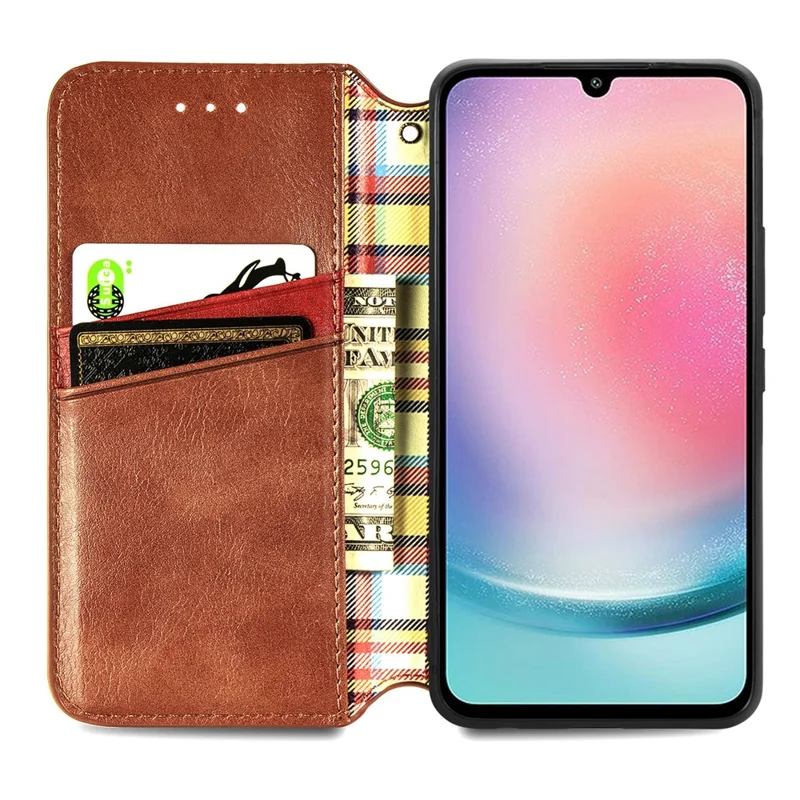 For Samsung Galaxy A25 5G (Global) (161.0 x 76.5 x 8.3mm) PU Leather Case Rhombus Imprint Wallet Stand Phone Cover - Brown