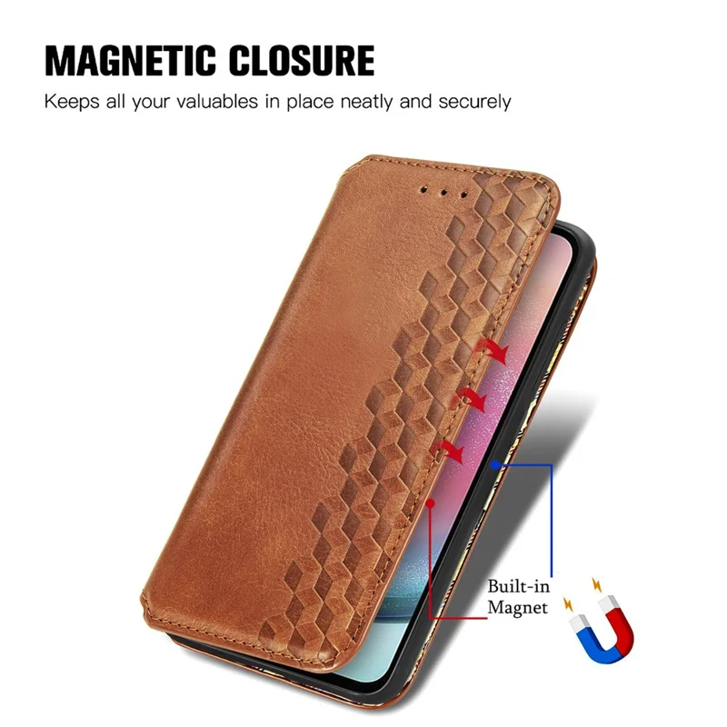For Samsung Galaxy A25 5G (Global) (161.0 x 76.5 x 8.3mm) PU Leather Case Rhombus Imprint Wallet Stand Phone Cover - Brown