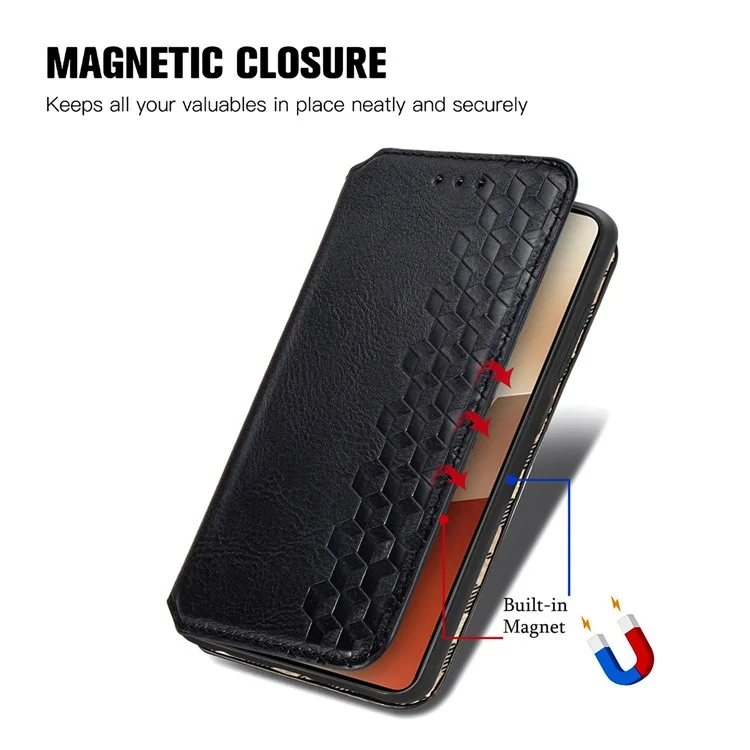 Für Xiaomi Redmi Note 13 Pro 5G / Poco X6 5G Magnetisches Hülle mit Kartenfach Rautenmuster Geprägtes Telefoncover - Schwarz
