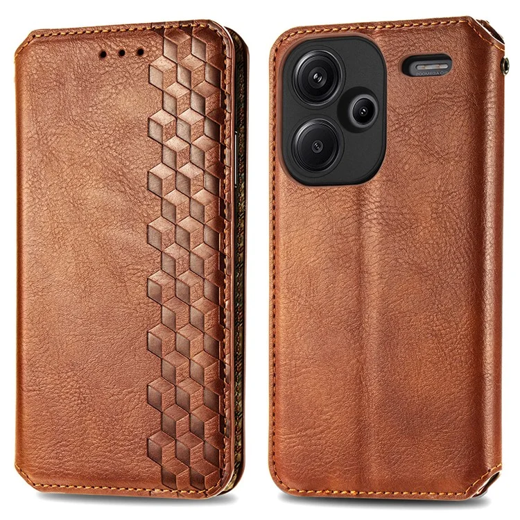 For Xiaomi Redmi Note 13 Pro+ 5G PU Leather Case Rhombus Imprint Wallet Stand Phone Cover - Brown