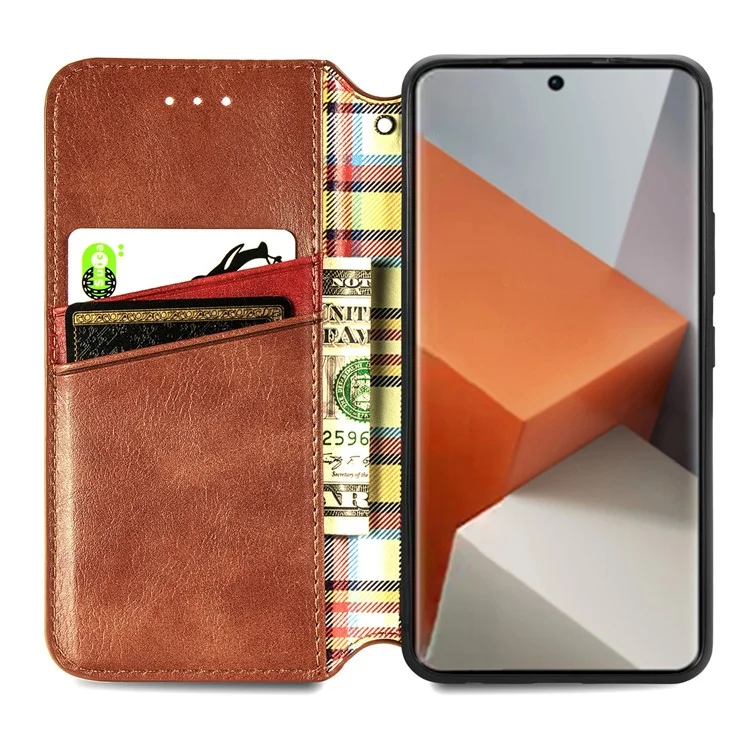 For Xiaomi Redmi Note 13 Pro+ 5G PU Leather Case Rhombus Imprint Wallet Stand Phone Cover - Brown