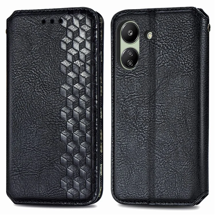 Für Xiaomi Redmi 13C 4G / 13C 5G / 13R 5G / Poco M6 5G / Poco C65 4G Hülle Stoßfeste Rhombus-Muster Wallet Phone Cover - Schwarz