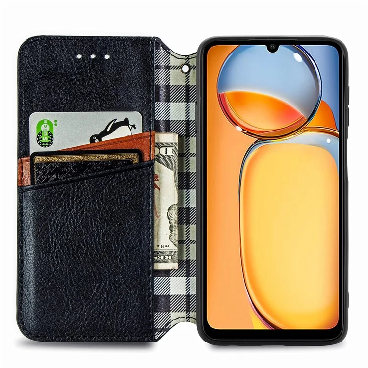Für Xiaomi Redmi 13C 4G / 13C 5G / 13R 5G / Poco M6 5G / Poco C65 4G Hülle Stoßfeste Rhombus-Muster Wallet Phone Cover - Schwarz