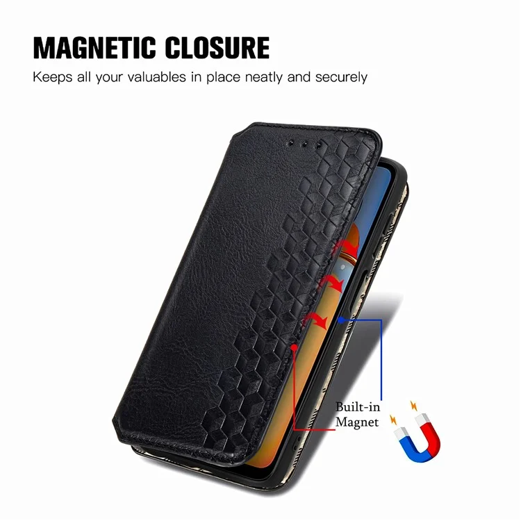 Für Xiaomi Redmi 13C 4G / 13C 5G / 13R 5G / Poco M6 5G / Poco C65 4G Hülle Stoßfeste Rhombus-Muster Wallet Phone Cover - Schwarz