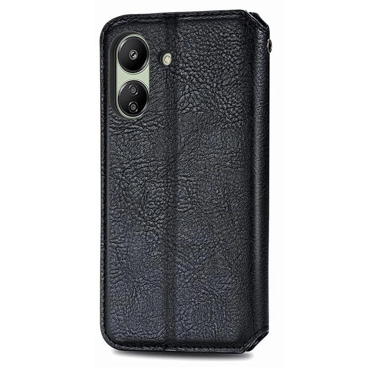 Für Xiaomi Redmi 13C 4G / 13C 5G / 13R 5G / Poco M6 5G / Poco C65 4G Hülle Stoßfeste Rhombus-Muster Wallet Phone Cover - Schwarz