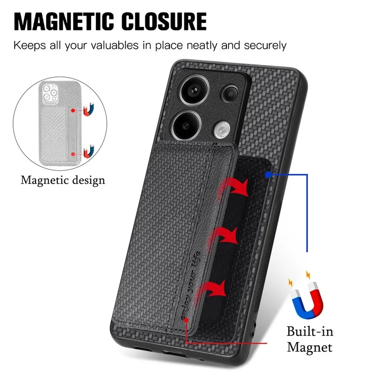 Para Xiaomi Redmi Note 13 Pro 5G / Poco X6 5G Capa Slim-Fit Kickstand Carbon Fiber Texture Protective Shell - Preto