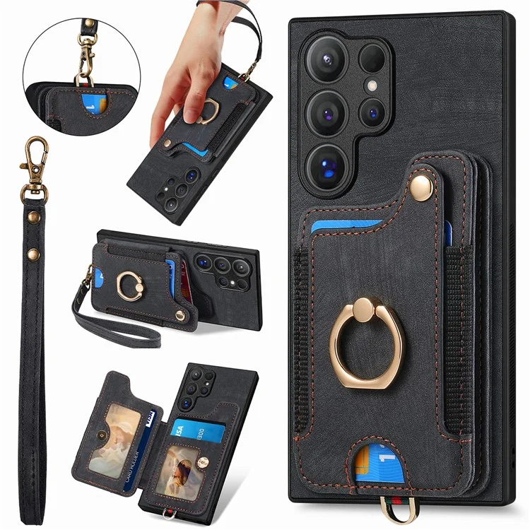 Funda de cuero para el Samsung Galaxy S24 Ultra D4, con bloqueo RFID, soporte y ranuras para tarjetas - Negro
