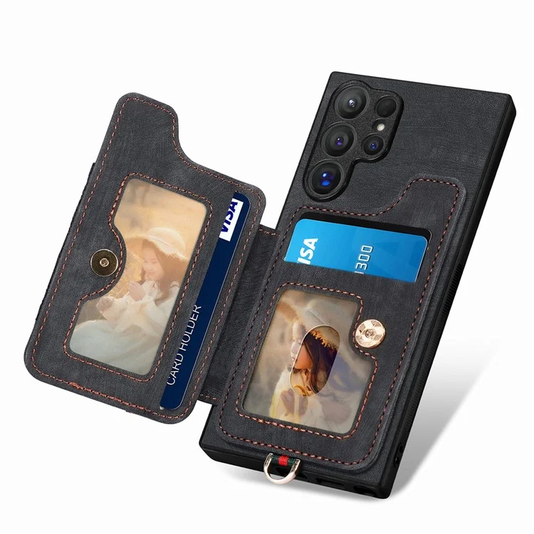 Funda de cuero para el Samsung Galaxy S24 Ultra D4, con bloqueo RFID, soporte y ranuras para tarjetas - Negro