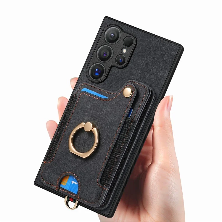 Funda de cuero para el Samsung Galaxy S24 Ultra D4, con bloqueo RFID, soporte y ranuras para tarjetas - Negro