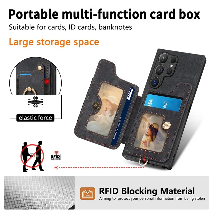 Funda de cuero para el Samsung Galaxy S24 Ultra D4, con bloqueo RFID, soporte y ranuras para tarjetas - Negro