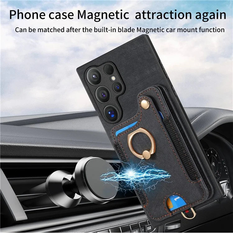 Funda de cuero para el Samsung Galaxy S24 Ultra D4, con bloqueo RFID, soporte y ranuras para tarjetas - Negro