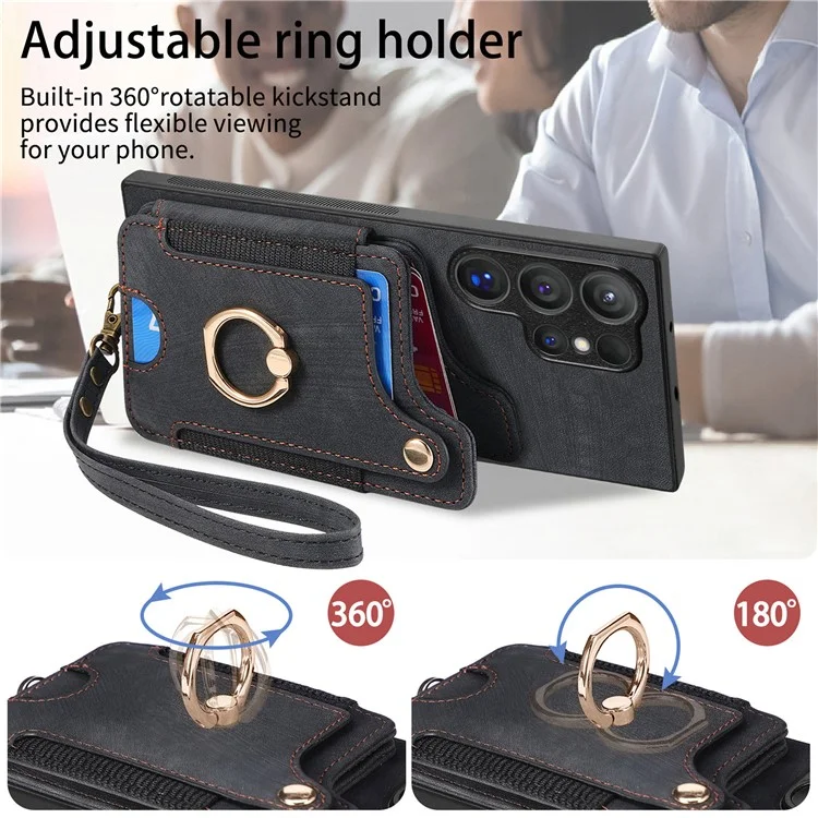 Funda de cuero para el Samsung Galaxy S24 Ultra D4, con bloqueo RFID, soporte y ranuras para tarjetas - Negro