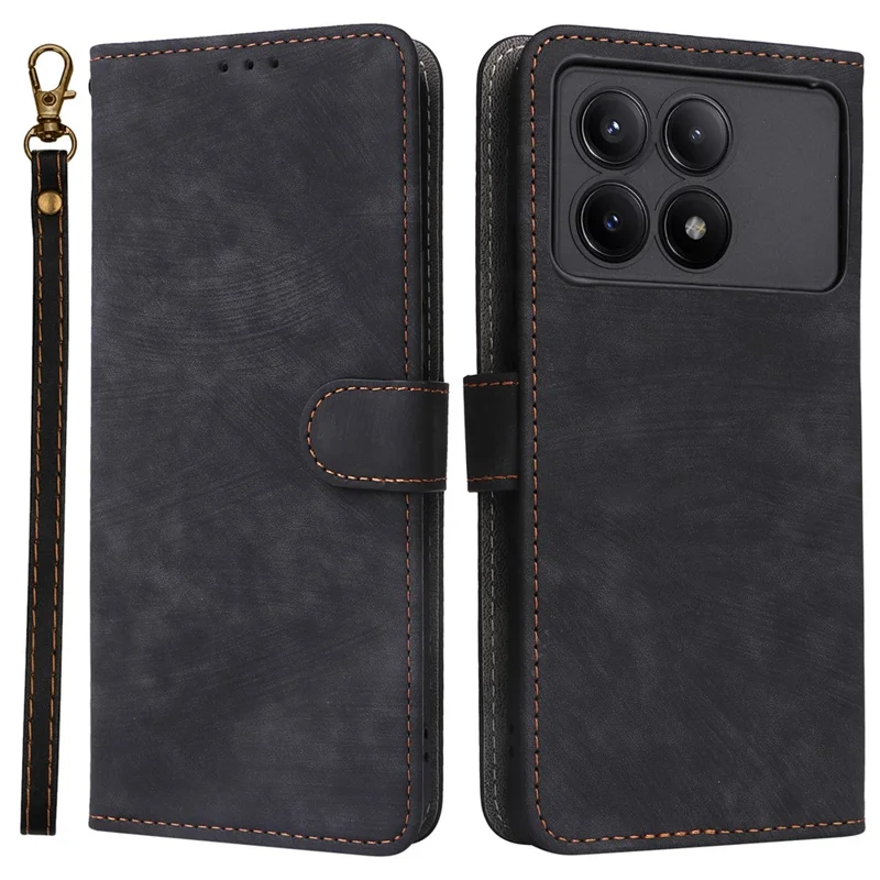 For Xiaomi Redmi K70E 5G / Poco X6 Pro 5G Wallet Case RFID Blocking Phone Cover with Hand Strap - Black