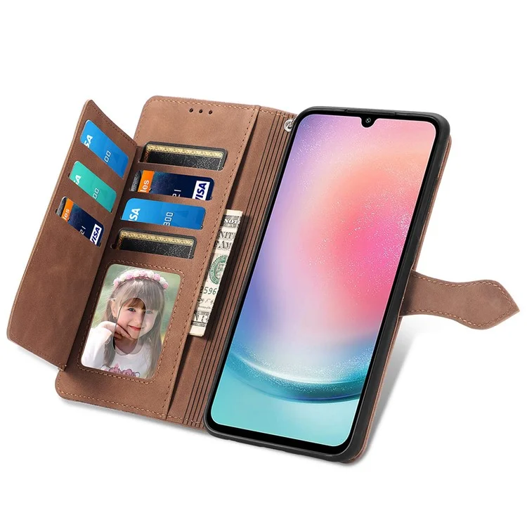 Para Samsung Galaxy A25 5G (Global) (161,0 x 76,5 x 8,3 mm) Zipper Pocket Case Flower Imprinted Phone Cover - Marrom