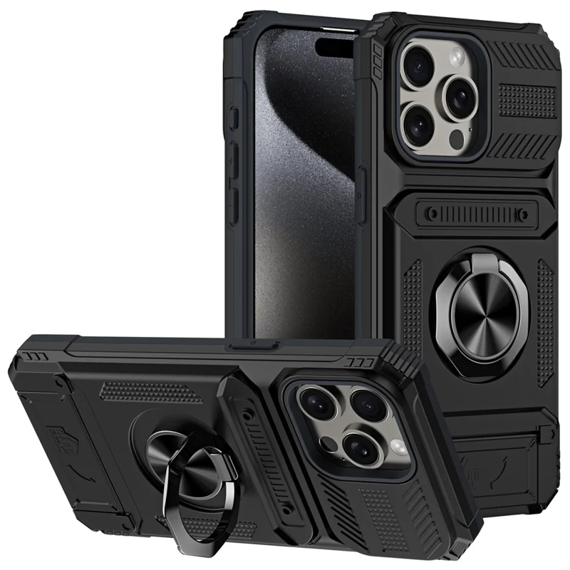 Cell Phone Shell for iPhone 15 Pro Max Kickstand PC+TPU Phone Cover Support Magnetic Car Mount - Black