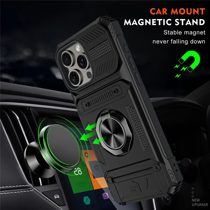 Cell Phone Shell for iPhone 15 Pro Max Kickstand PC+TPU Phone Cover Support Magnetic Car Mount - Black