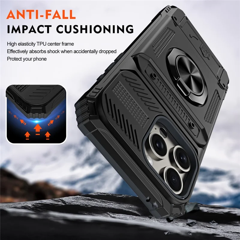 Cell Phone Shell for iPhone 15 Pro Max Kickstand PC+TPU Phone Cover Support Magnetic Car Mount - Black