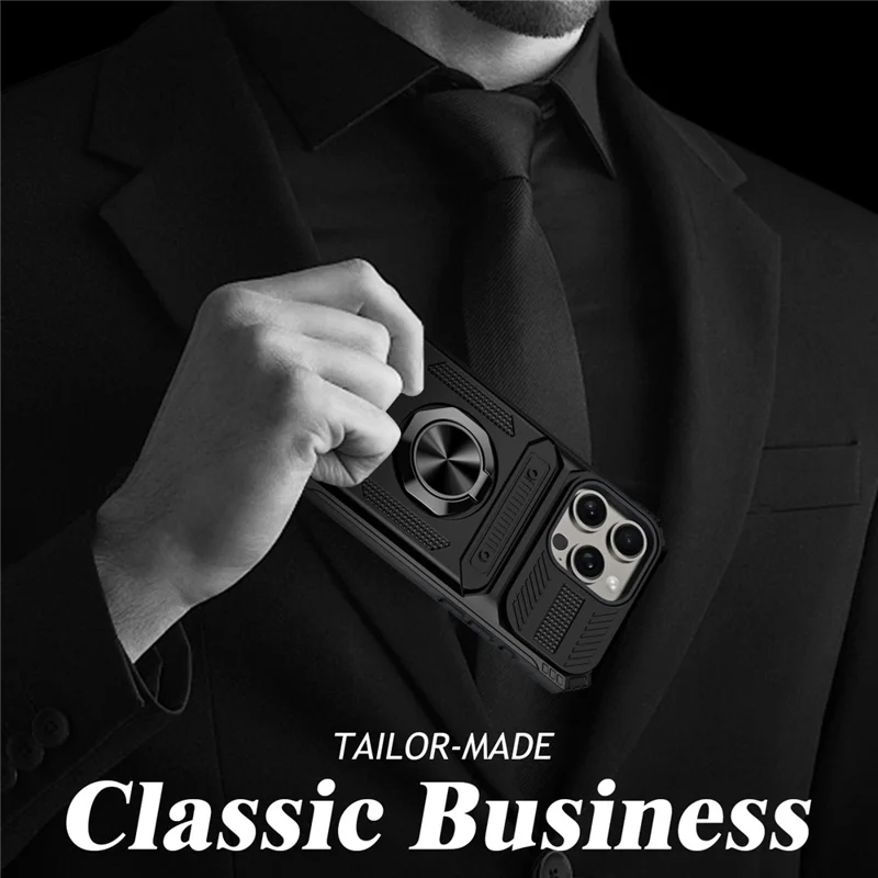 Cell Phone Shell for iPhone 15 Pro Max Kickstand PC+TPU Phone Cover Support Magnetic Car Mount - Black