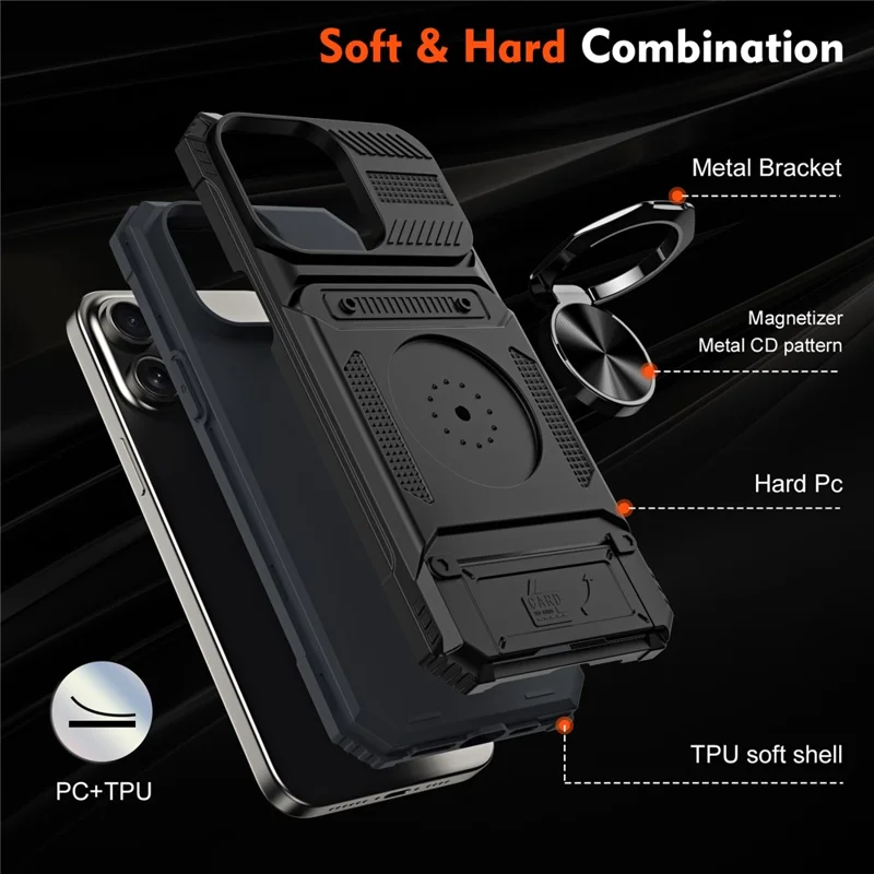Cell Phone Shell for iPhone 15 Pro Max Kickstand PC+TPU Phone Cover Support Magnetic Car Mount - Black