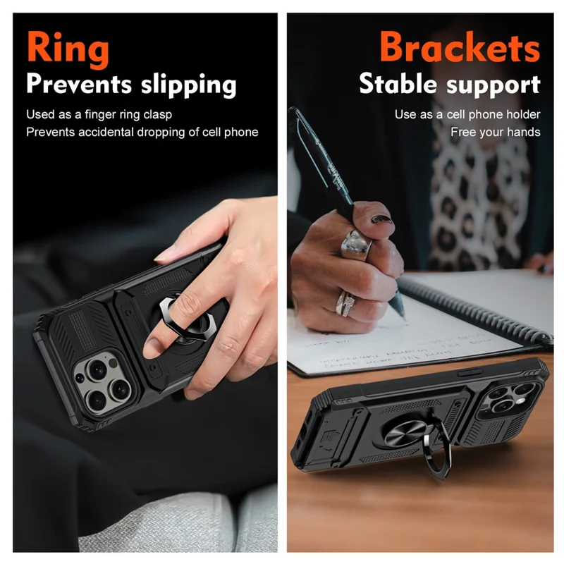 Cell Phone Shell for iPhone 15 Pro Max Kickstand PC+TPU Phone Cover Support Magnetic Car Mount - Black