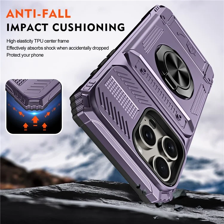 Handyhülle für iPhone 15 Pro Max Ständer PC+TPU Handyhülle Unterstützung Magnetische Autohalterung - Lila