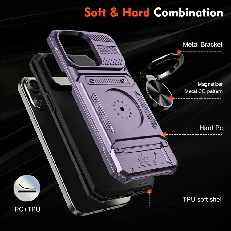 Handyhülle für iPhone 15 Pro Max Ständer PC+TPU Handyhülle Unterstützung Magnetische Autohalterung - Lila