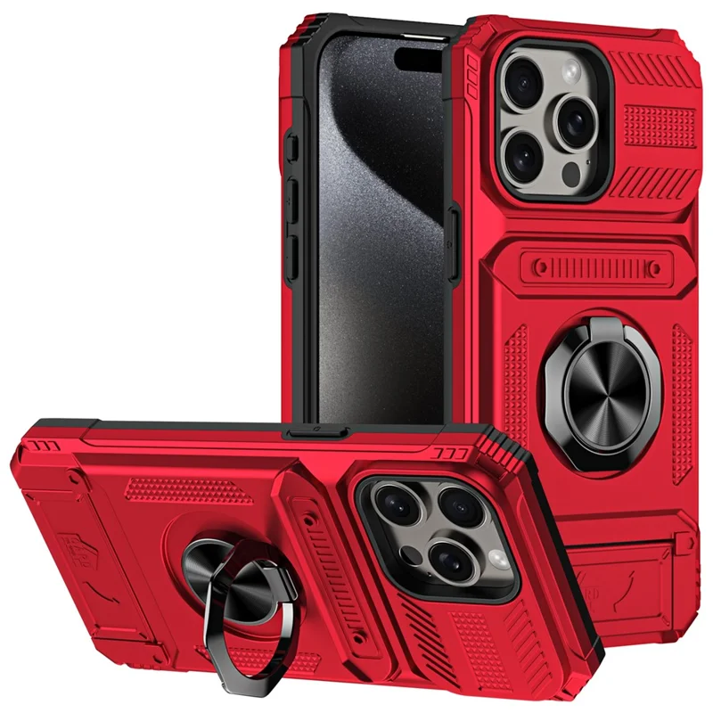 Cell Phone Shell for iPhone 15 Pro Max Kickstand PC+TPU Phone Cover Support Magnetic Car Mount - Red