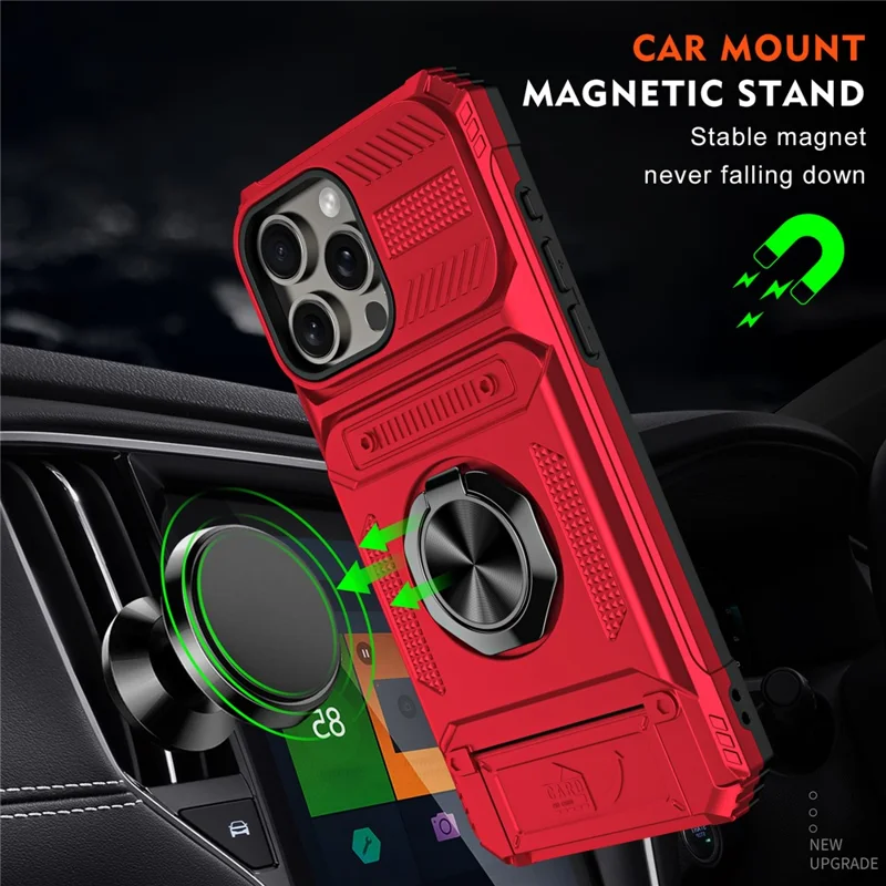 Cell Phone Shell for iPhone 15 Pro Max Kickstand PC+TPU Phone Cover Support Magnetic Car Mount - Red