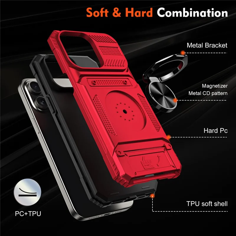 Cell Phone Shell for iPhone 15 Pro Max Kickstand PC+TPU Phone Cover Support Magnetic Car Mount - Red