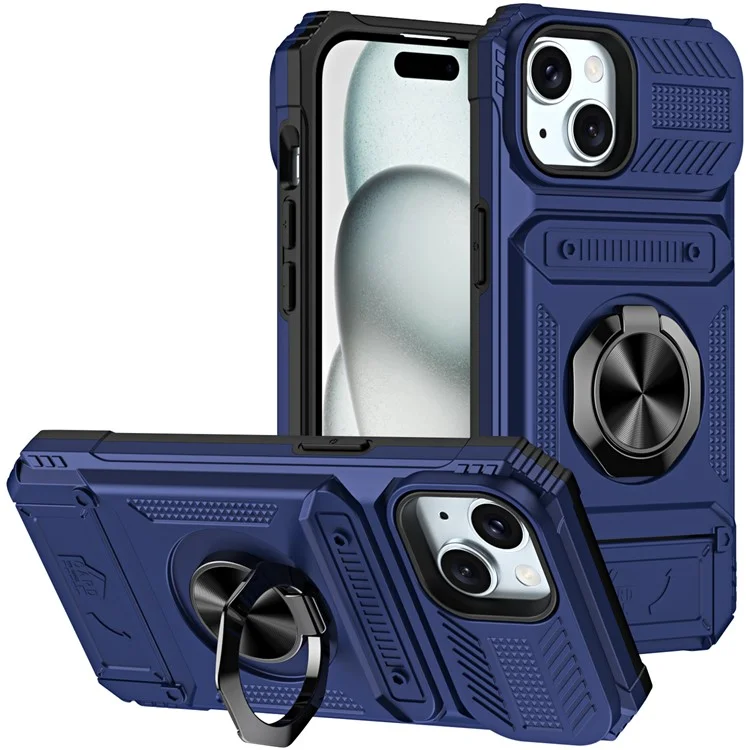 Phone Case for iPhone 15 Anti-Scratch Card Holder PC+TPU Phone Cover with Kickstand - Blue