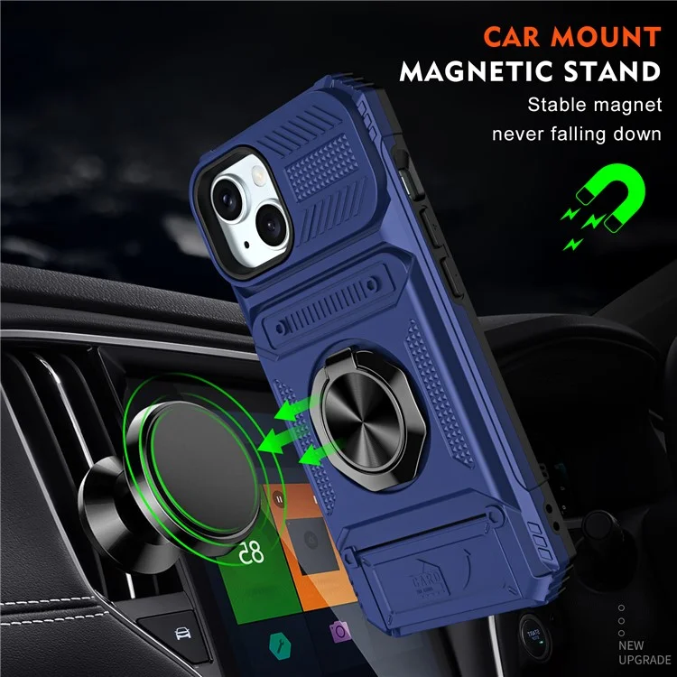 Phone Case for iPhone 15 Anti-Scratch Card Holder PC+TPU Phone Cover with Kickstand - Blue
