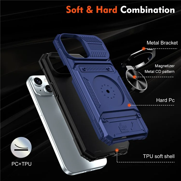 Phone Case for iPhone 15 Anti-Scratch Card Holder PC+TPU Phone Cover with Kickstand - Blue