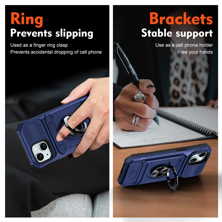 Phone Case for iPhone 15 Anti-Scratch Card Holder PC+TPU Phone Cover with Kickstand - Blue