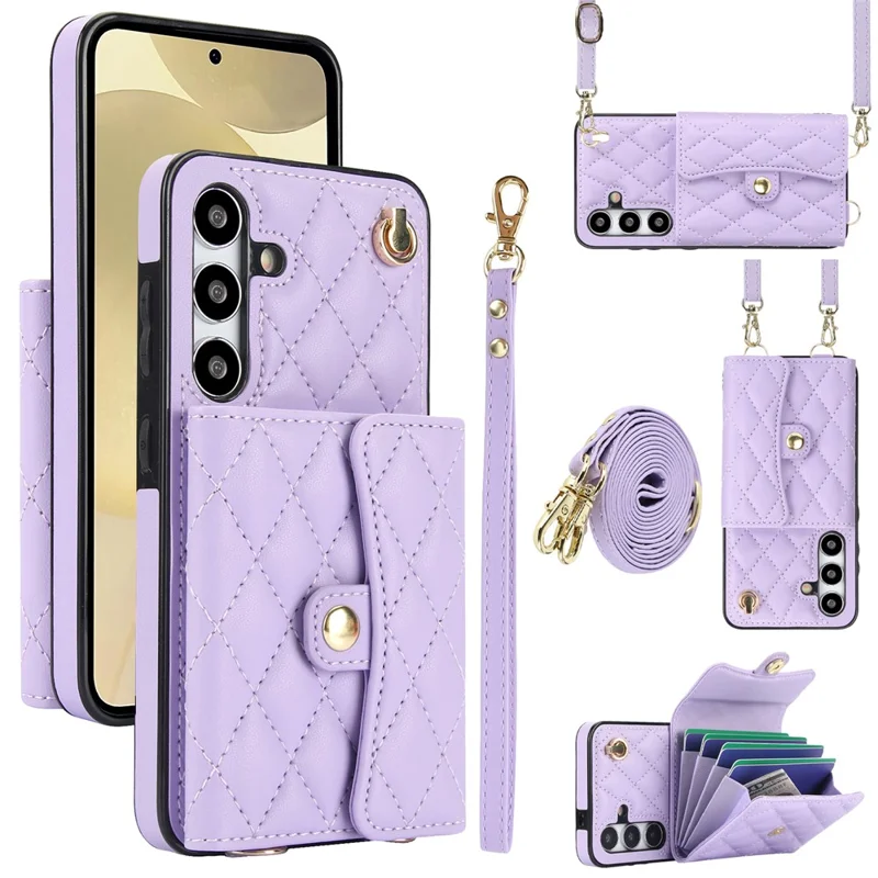 026 For Samsung Galaxy S24 Kickstand Phone Case Rhombus Grid Pattern with 2 Straps - Purple
