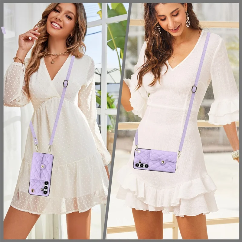 026 For Samsung Galaxy S24 Kickstand Phone Case Rhombus Grid Pattern with 2 Straps - Purple