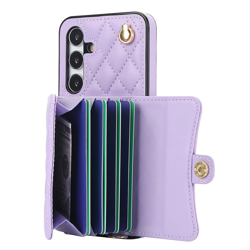 026 For Samsung Galaxy S24 Kickstand Phone Case Rhombus Grid Pattern with 2 Straps - Purple