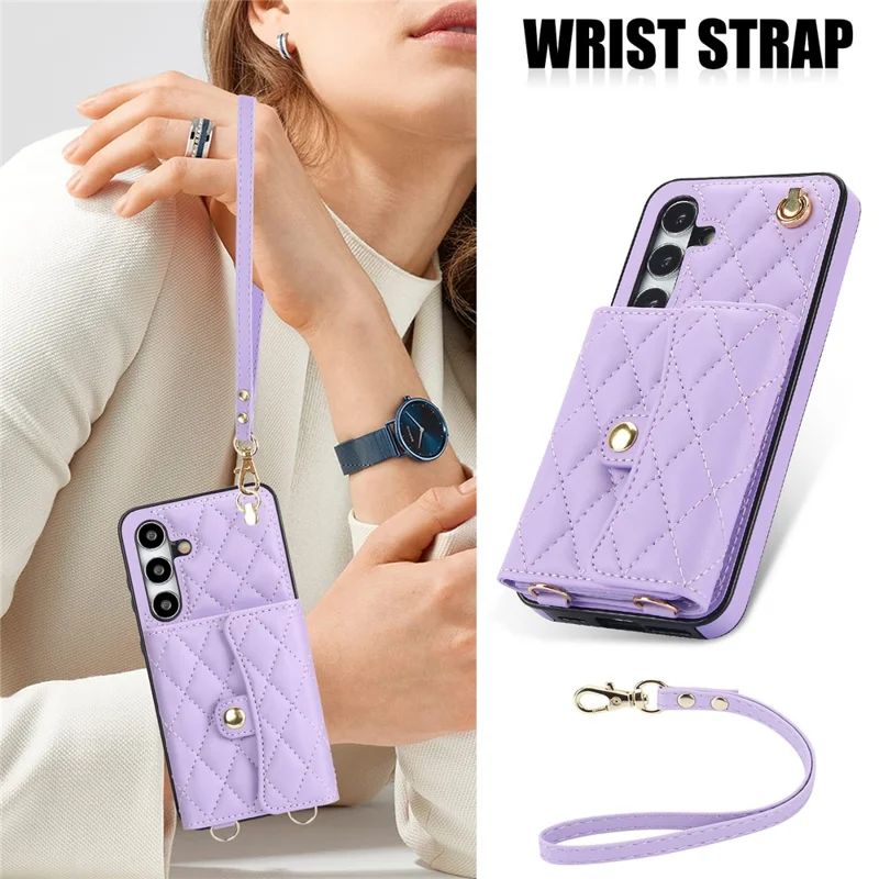 026 For Samsung Galaxy S24 Kickstand Phone Case Rhombus Grid Pattern with 2 Straps - Purple