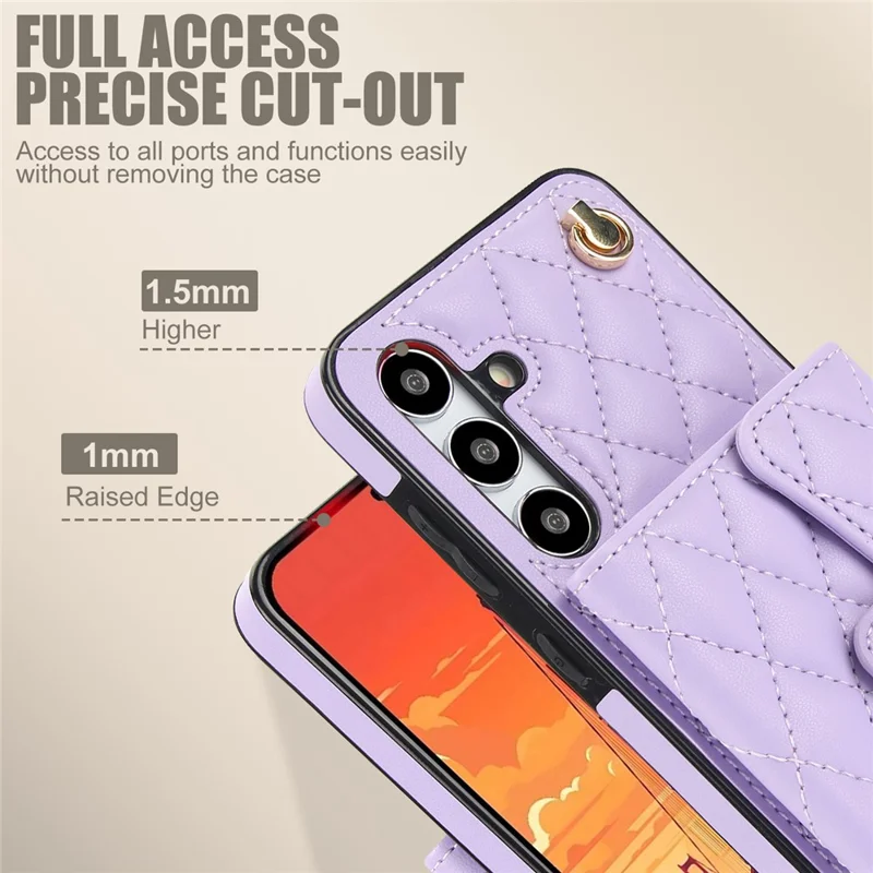 026 For Samsung Galaxy S24 Kickstand Phone Case Rhombus Grid Pattern with 2 Straps - Purple