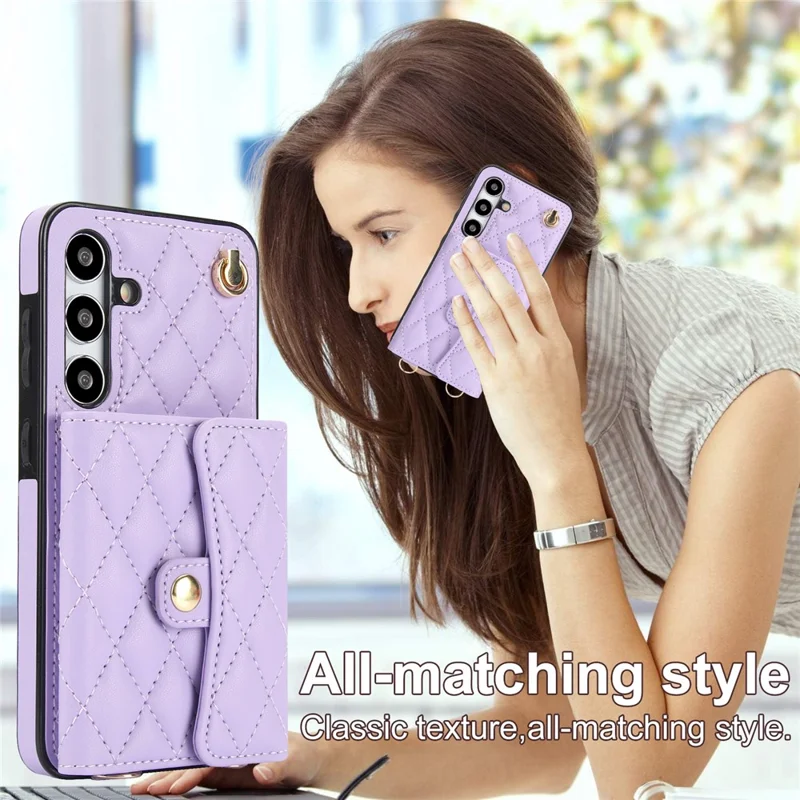 026 For Samsung Galaxy S24 Kickstand Phone Case Rhombus Grid Pattern with 2 Straps - Purple