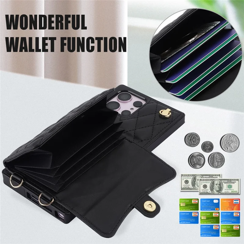 026 For Samsung Galaxy S23 Ultra Phone Case Card Slots Kickstand Cover with 2 Straps - Black