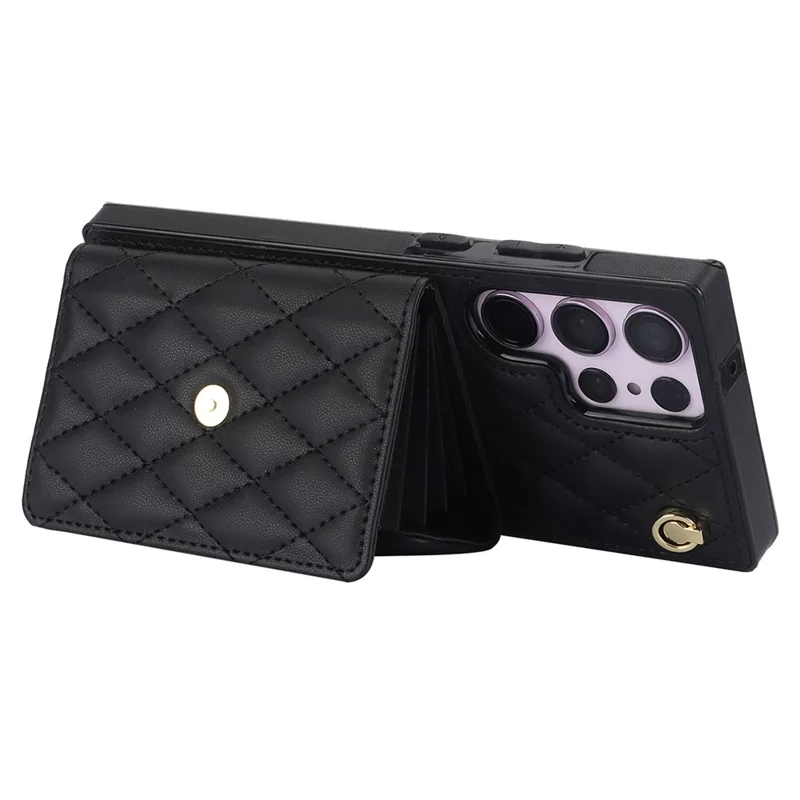 026 For Samsung Galaxy S23 Ultra Phone Case Card Slots Kickstand Cover with 2 Straps - Black