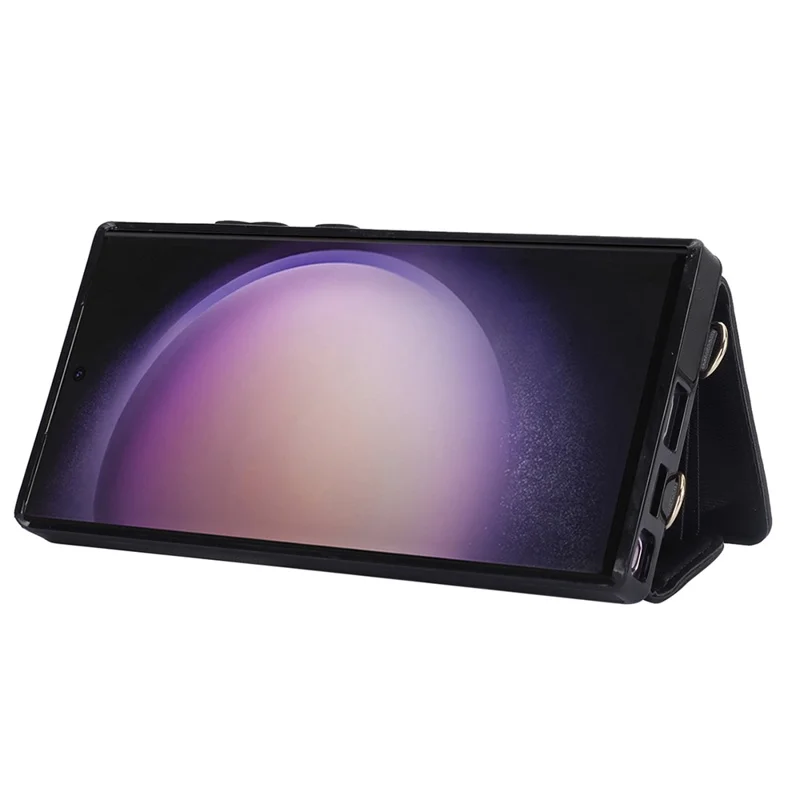 026 For Samsung Galaxy S23 Ultra Phone Case Card Slots Kickstand Cover with 2 Straps - Black