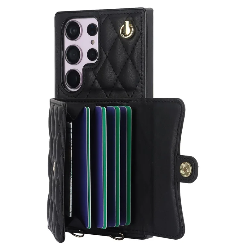 026 For Samsung Galaxy S23 Ultra Phone Case Card Slots Kickstand Cover with 2 Straps - Black