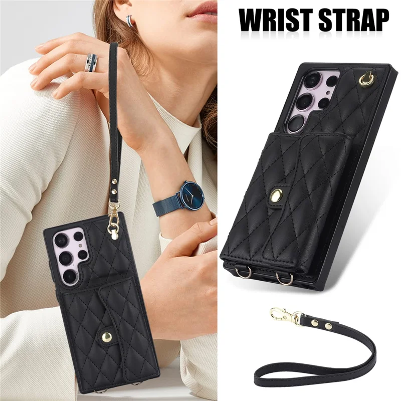 026 For Samsung Galaxy S23 Ultra Phone Case Card Slots Kickstand Cover with 2 Straps - Black