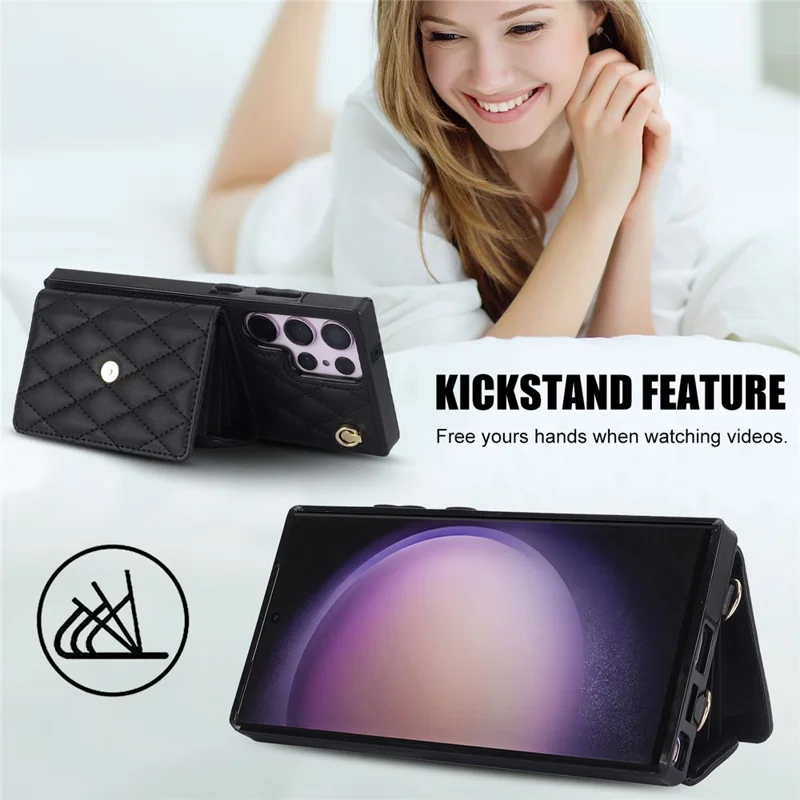 026 For Samsung Galaxy S23 Ultra Phone Case Card Slots Kickstand Cover with 2 Straps - Black